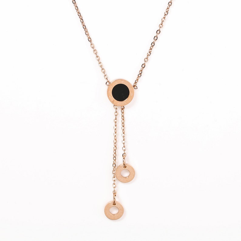 Contemporary Rose Tone Designer Pendant Necklace with Jet Black Inlay and Dangling Circular Charms