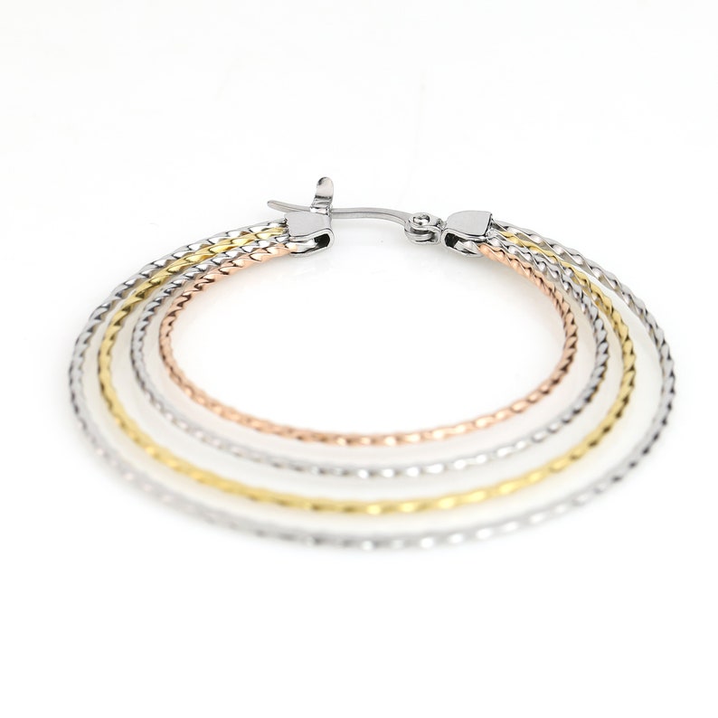 United Elegance Contemporary Large Polished Tri-Color Silver Gold /& Rose Tone Hoop Earrings