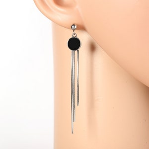 Silver or Gold Tone Drop Earrings, Jet Black Faux Onyx Circle and Dangling Chain Tassels,  Timeless Gift for Women, Ladies, & Teen Girls
