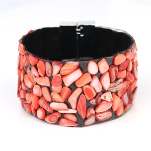 Unique Intricately Crafted Cuff Bracelet with Coral Colored Stones, Timeless Gift for Women, Ladies, Teens and Girls