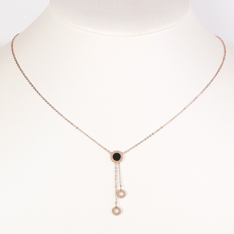 Contemporary Rose Tone Designer Pendant Necklace with Jet Black Inlay and Dangling Circular Charms
