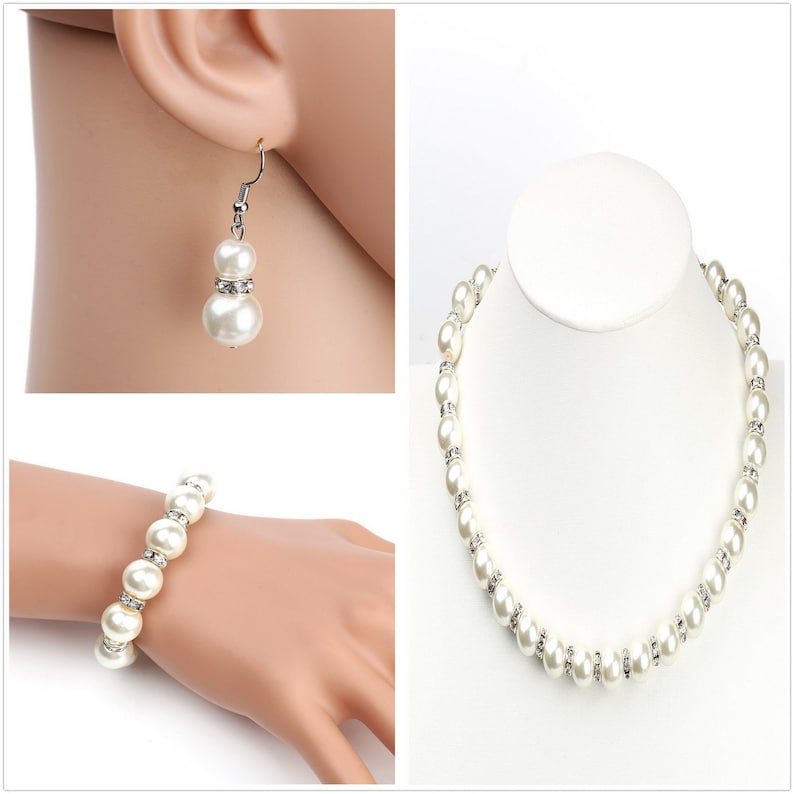 United Elegance Timeless Faux Pearl /& Crystal Jewelry Set With Necklace Drop Earrings and Bracelet