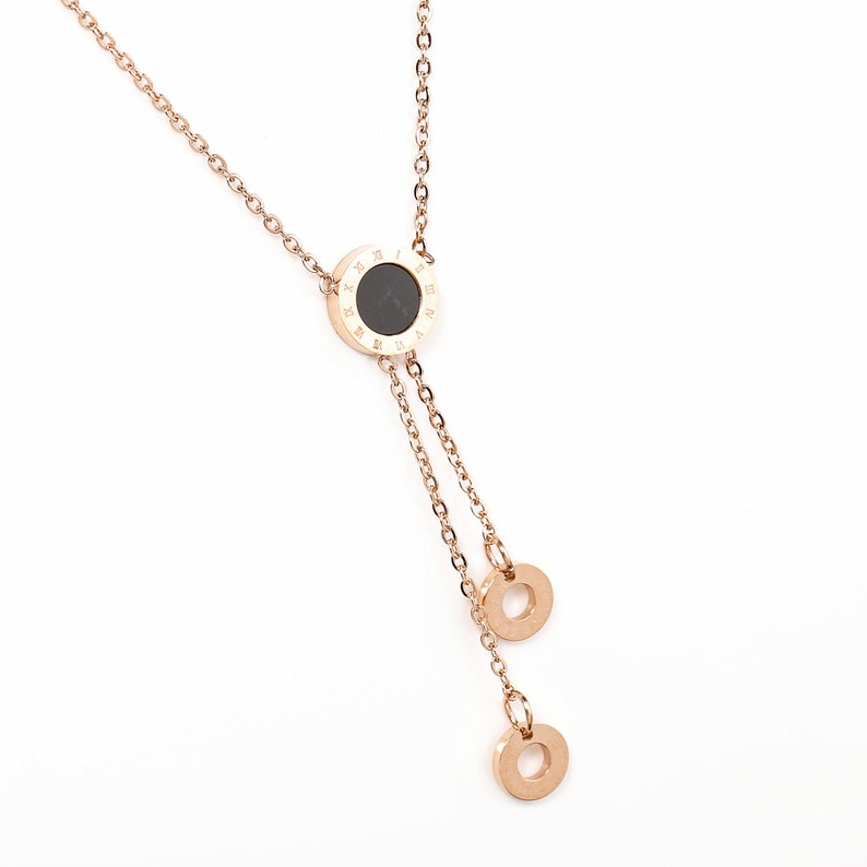 Contemporary Rose Tone Designer Pendant Necklace with Jet Black Inlay and Dangling Circular Charms
