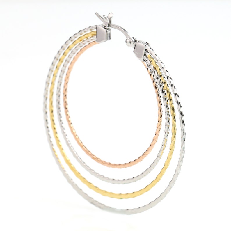 United Elegance Contemporary Large Polished Tri-Color Silver Gold /& Rose Tone Hoop Earrings