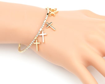 Gold, Silver or Rose Tone Bangle Bracelet with Sparkling Crystals & Crosses, Timeless Gift for Women, Ladies, Teens and Girls