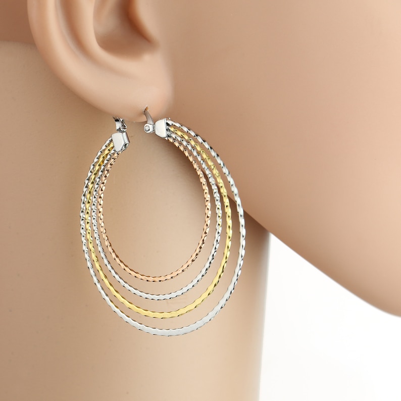 United Elegance Contemporary Large Polished Tri-Color Silver Gold /& Rose Tone Hoop Earrings