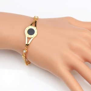 Gold Tone Bracelet With Black Faux Onyx or White Faux Mother of Pearl Inlay & Crystals, Timeless Gift for Women, Ladies, Teens and Girls