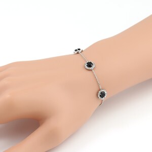 Delicate Silver Tone Faux Onyx & Captivating Crystal Bracelet, Timeless Gift for Women, Ladies, Teens and Girls
