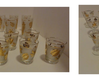 28 vintage Libbey Glass Company glasses: Golden Foliage frosted golden Oak, Elm, and Maple leaves design (4 sizes) + GIFTS