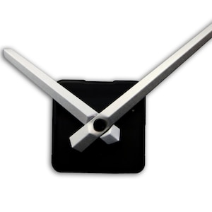 May include: Silver clock hands with a black clock mechanism.