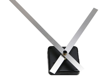 May include: Silver clock hands with a black clock movement. The hands are long and thin, and the movement is square.