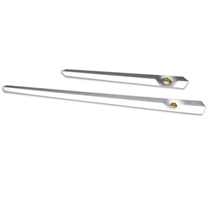 May include: Two silver clock hands, one long and one short, with a gold-colored hole at the end of each.