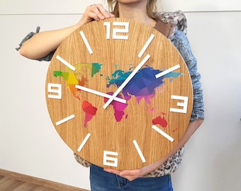 Large wall clock,  Wood World Map, 19" inch, Farmhouse clock, Rustic wall clock,