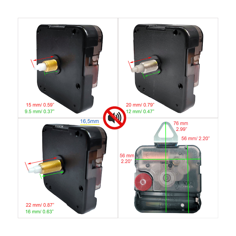 Puede incluir: Mecanismo de movimiento de reloj con una carcasa de pl&aacute;stico negro y agujas doradas. El mecanismo tiene un di&aacute;metro de 76 mm y un agujero de 56 mm de di&aacute;metro en el centro. El mecanismo tiene un eje de 16,5 mm de di&aacute;metro y un agujero de 16 mm de di&aacute;metro para el eje.