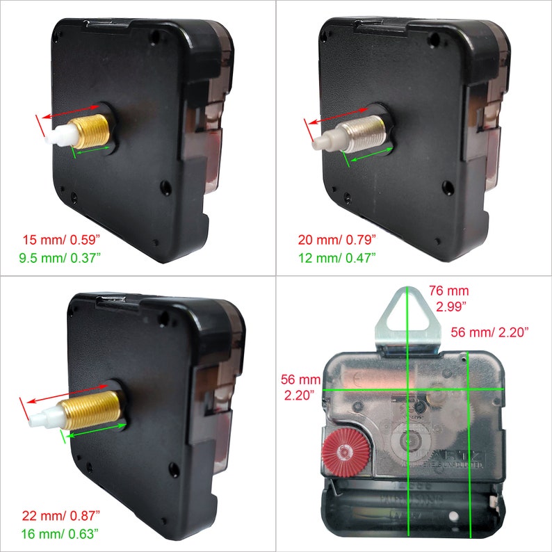 Puede incluir: Mecanismo de movimiento de reloj con carcasa de pl&aacute;stico negro y un v&aacute;stago de cuerda dorado. El mecanismo tiene un gancho para colgar y mide 76 mm por 56 mm.