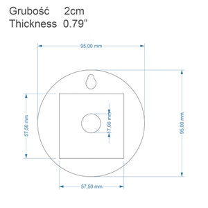May include: A white, round, wall-mounted plate with a square cutout in the centre. The plate has a hole at the top for hanging. The plate measures 9.5 cm in diameter and the cutout measures 5.7 cm square. The plate is 2 cm thick.