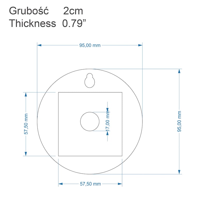 May include: A white, round, wall-mounted plate with a square cutout in the centre. The plate has a hole at the top for hanging. The plate measures 9.5 cm in diameter and the cutout measures 5.7 cm square. The plate is 2 cm thick.