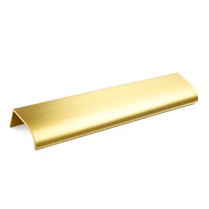 May include: A gold-colored cabinet pull with a brushed finish. The handle has a rectangular shape with a curved edge and a right-angle corner. The hardware is designed for easy installation and a modern aesthetic.