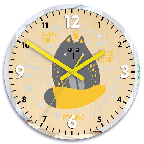 Cat wall clock 30cm - 11.81" cute cat, kids wall clock, Baby Boy Girl Nursery, Room Decor with silver mirror frame