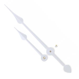 Puede incluir: Agujas de reloj blancas con un extremo en forma de lágrima y una punta. El juego incluye una aguja de minutos más larga y una aguja de horas más corta, junto con un pequeño tornillo de latón. Para un reloj.