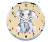 Elephant wall clock 30cm - 11.81 quot cute , kids wall clock, Baby Girl Nursery, Room Decor with silver mirror frame