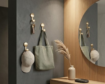 Set of 3 AMARO Gold Wall Hooks | Brushed Gold Minimalist Hooks | Hidden Mount Metal Hooks | Bathroom, Kitchen & Entryway Organizer