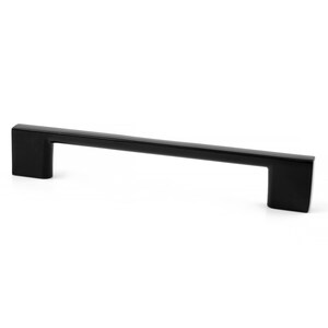 May include: A black cabinet pull with a rectangular bar and square end posts. The hardware is a matte black finish and is designed for use on drawers or cabinet doors. The pull is shown against a white background.