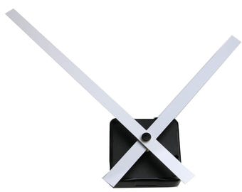 May include: A clock mechanism with a black square base and white hands. The hour and minute hands are long and rectangular, crossing over each other. The clock hands are white, and the base is black.