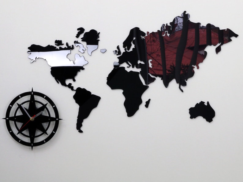 Zegar ścienny WORLD-2 Mapa Świata CZARNY 77cm x 45cm 30,31 x 17,71 zdjęcie 1