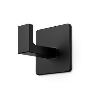 May include: A black wall hook with a square backplate and an L-shaped hook. The hook is designed for hanging items and has a minimalist, modern design. The hook is made of metal.