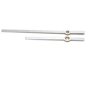 May include: Two silver clock hands with brass inserts. The longer hand is the minute hand and the shorter hand is the hour hand.