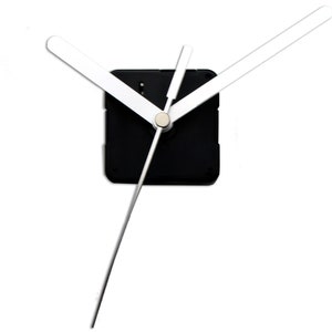 May include: White clock hands with a black clock face. The hands are attached to a black square clock mechanism.