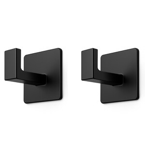 Könnte beinhalten: Zwei schwarze Wandhaken mit quadratischer Rückseite und rechtwinkligem Arm. Die Haken haben eine matte schwarze Oberfläche und sind auf einem weißen Hintergrund montiert. Ideal zum Aufhängen von Gegenständen.
