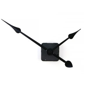 May include: Black clock hands and a square clock mechanism. The hour hand is a rounded teardrop shape, and the minute hand is a long, thin, pointed arrow. The second hand is a thin, pointed arrow. The clock mechanism is square and black.