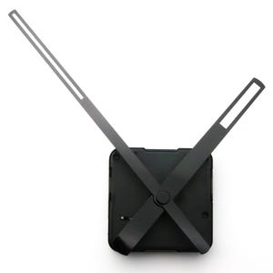 May include: Black clock hands with a square clock movement. The hands are made of metal and have a black finish. The movement is also black and has a square shape.