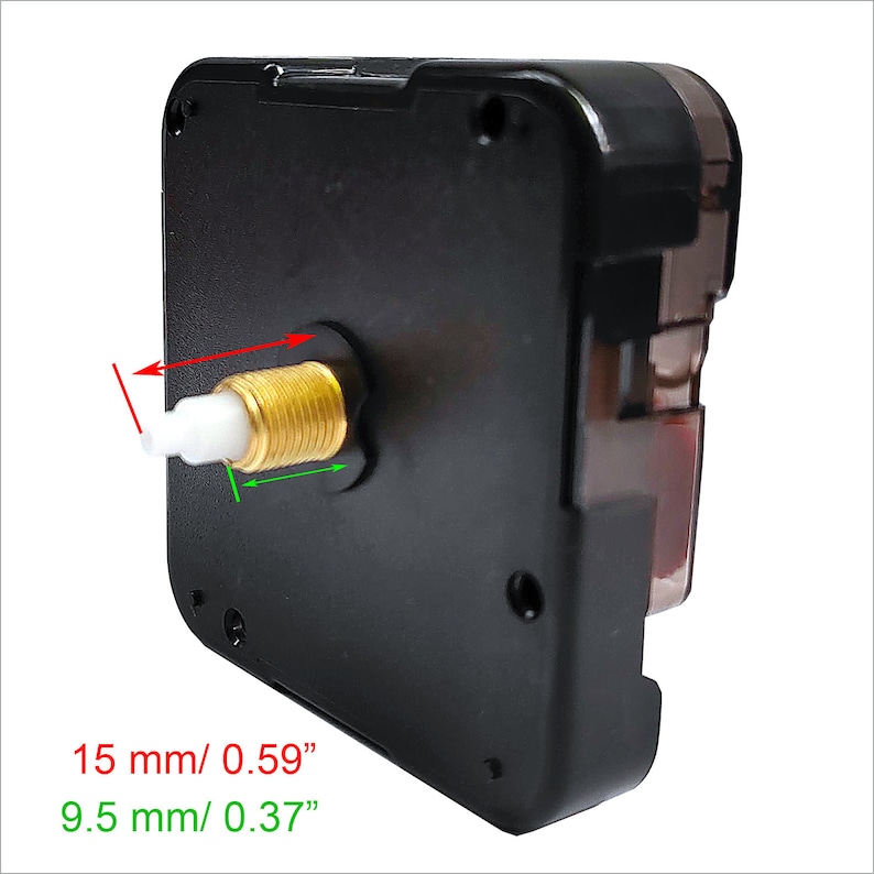 Puede incluir: Movimiento de reloj negro con un eje blanco y dorado. El eje mide 15 mm de largo y 9,5 mm de di&aacute;metro.