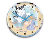 Wall clock stork 30cm - 11.81 quot , personalized clock , kids wall clock, Baby Girl Nursery, Room Decor with silver mirror frame