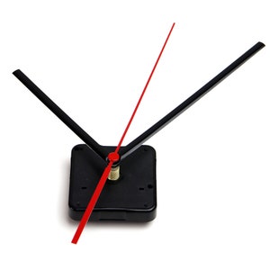 May include: Black clock hands with a red second hand attached to a black clock mechanism.