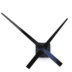 May include: Black clock hands with a square black clock mechanism. The hands are long and sleek, with a minimalist design. The clock hands are designed to be mounted on a wall. The hands are made of a shiny, reflective material.