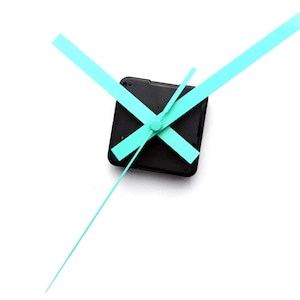 May include: A black clock mechanism with two turquoise clock hands. The hands are positioned at a 90-degree angle to each other.