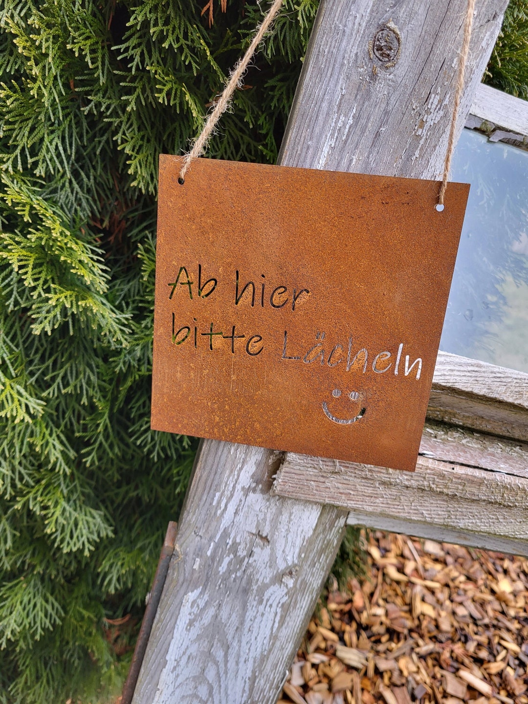 Patena Lettering From Here Please Smile, Small Sign With Patina, Lettering, Rusty ...