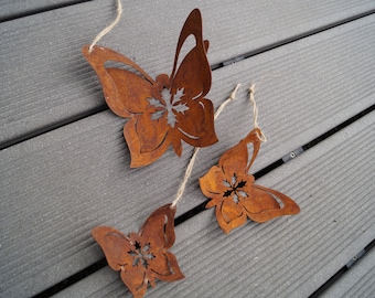 three butterflies patina, beautiful butterflies, rust for your garden, garden decoration for hanging, wind chime, shabby flowers