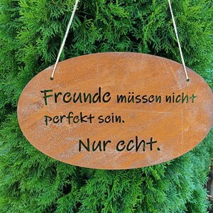 Puede incluir: Un letrero ovalado de metal marr&oacute;n oxidado con el texto "Freunde m&uuml;ssen nicht perfekt sein. Nur echt." colgado de una cuerda blanca sobre un fondo de arbusto verde.