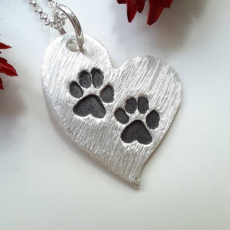 Heart pendant with stamped paw prints, 999 silver, patinated image 7