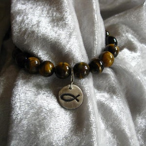 elastic bracelet with tiger eye beads and Ichthys charm made of 999 silver