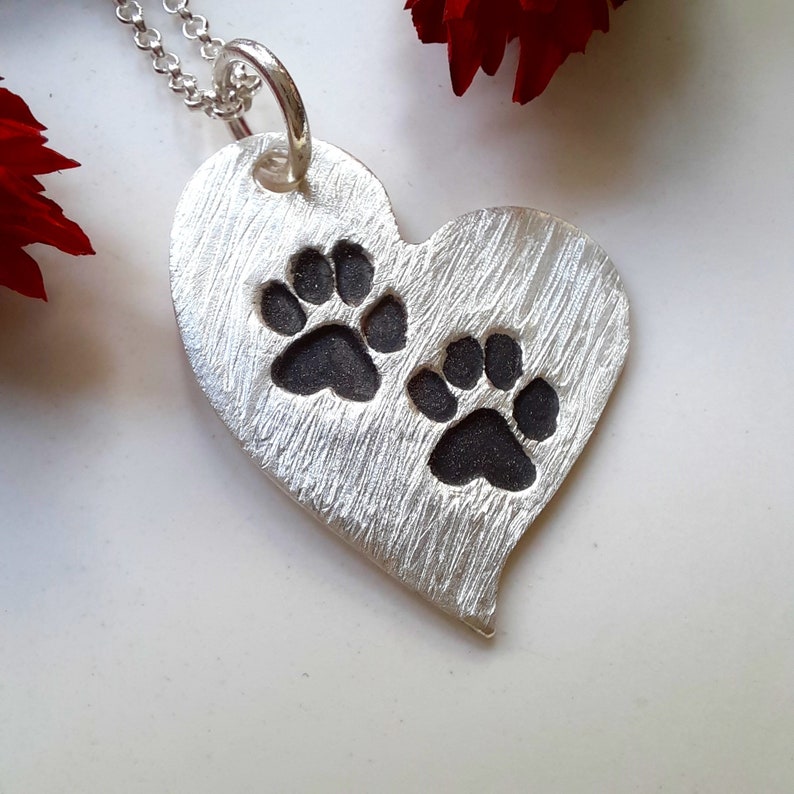 Heart pendant with stamped paw prints, 999 silver, patinated image 8