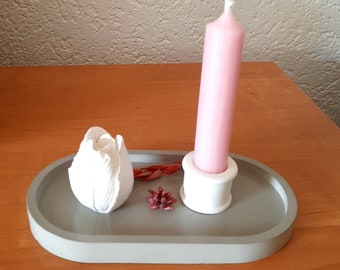 Oval decorative tray made of concrete with tulip and candle holder made of cast ceramic, including candle