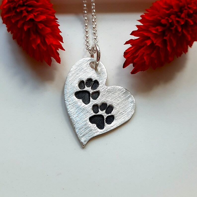 Heart pendant with stamped paw prints, 999 silver, patinated image 6