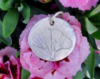 Pendant with embossed real ginkgo leaf made of recycled fine silver, unique