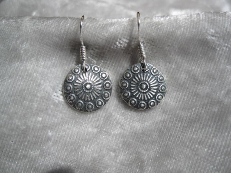 Patterned Silver Earrings round, 999 silver, pierced earrings, blackened, Patina image 2